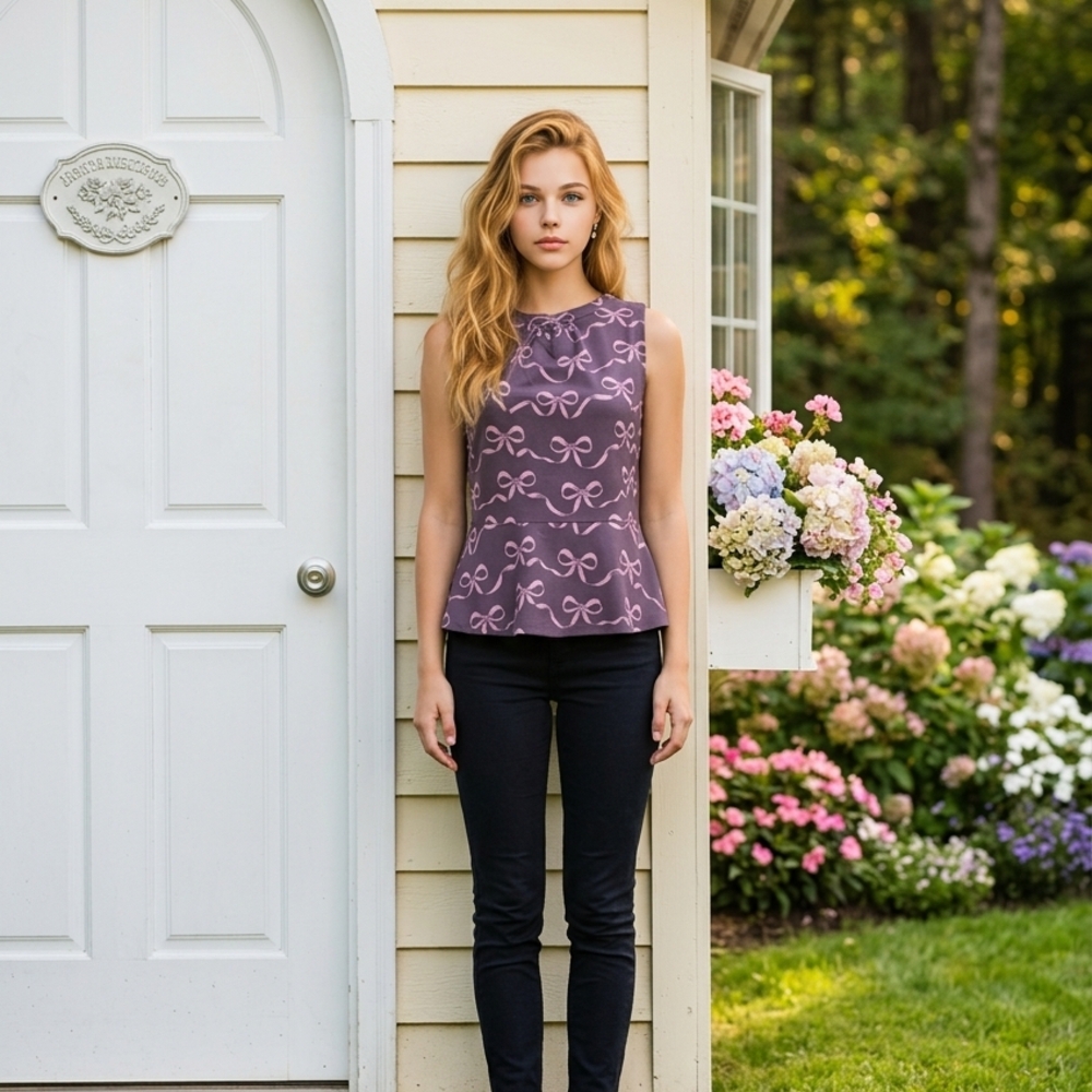 Banana Republic Purple Bow Print Peplum Top Sleeveless Crewneck Small coquette